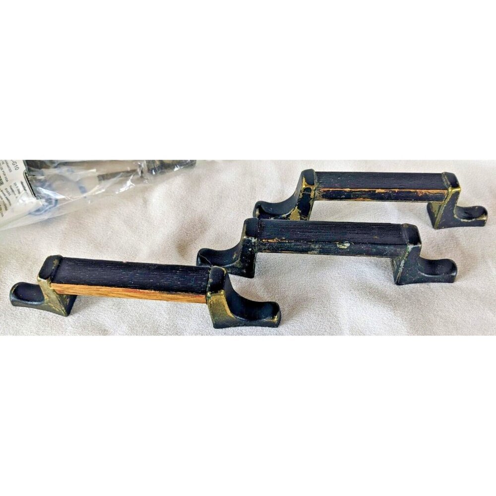 Lot of 15 Amerock Brass & Wood Drawer Pull Handles 5" Rustic Black Distressed